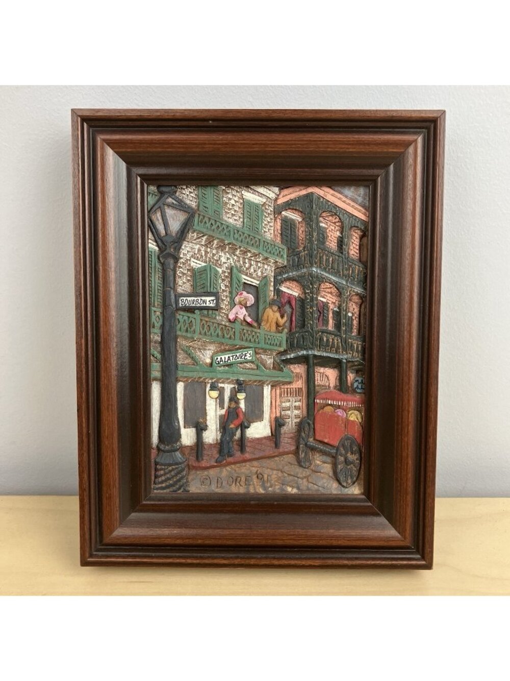 Vintage Street Scene New Orleans Bourbon St Wood Relief Sculpture 1991 Framed